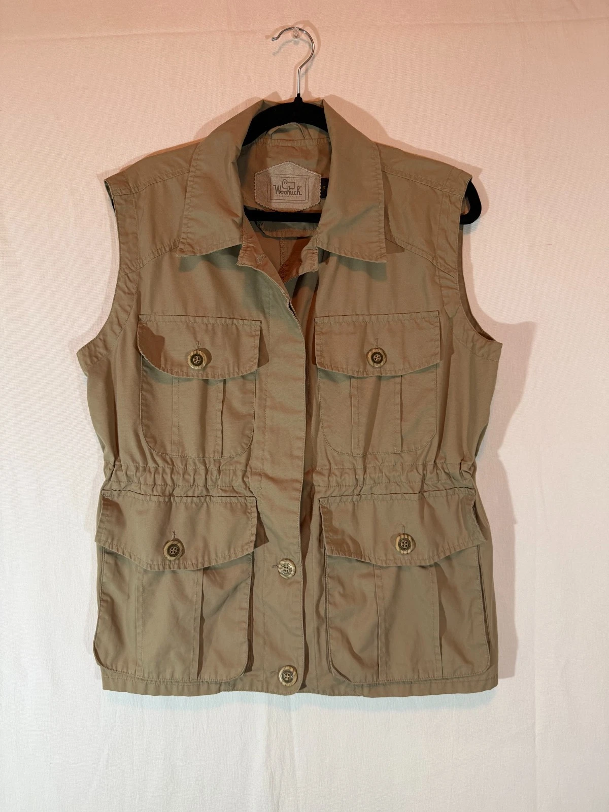 Woolrich Women's Tan Fishing Vest Size Small 4 Button Pockets Drawstring