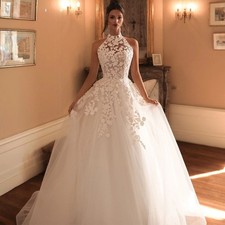 Romantic Sleeveless Halter Neck Wedding Dress Lace Tulle Boho A-Line Bridal Gown