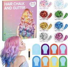 16 Pcs Hair Chalk and Glitter Set, 8 Color Temporary Hair Dye 8 Color Hair