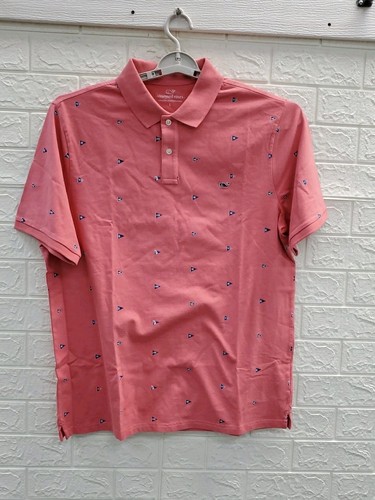 New Vineyard Vines Printed Performance Stretch Pique Flag Polo Pink/Blue Sz L