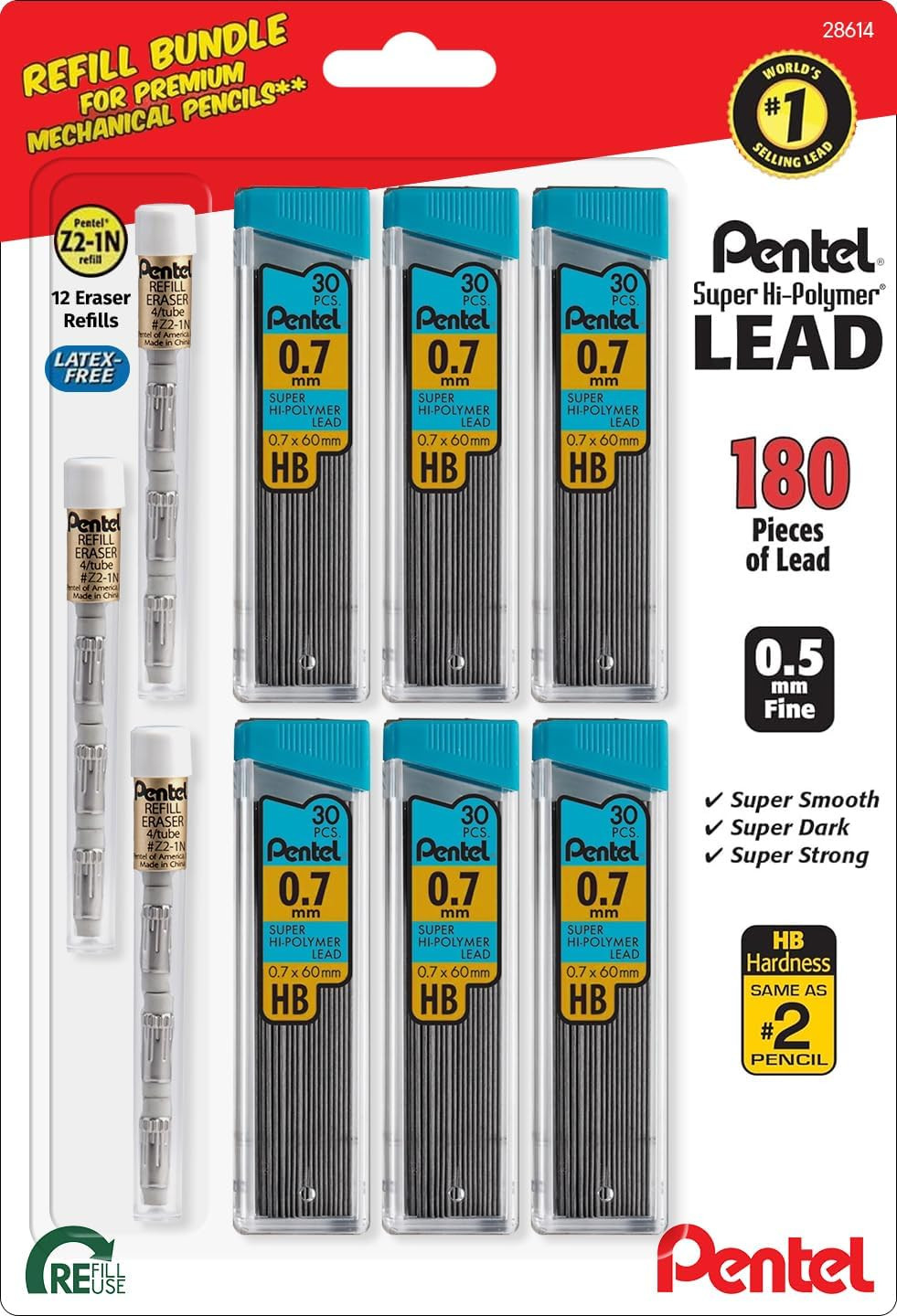 Super Hi-Polymer HB 7Mm Lead Refill Pack - 6 Packs of 30 Leads & 3 Packs of 4 La