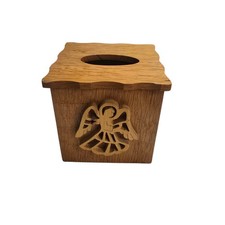 Vintage Hand Carved Wood Tissue Box Holder Angel Folk Art Rustic Farmhouse Decor