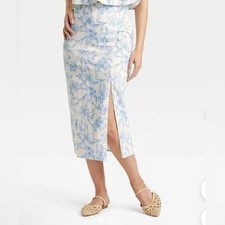"Garden Party" Floral Blue and White Women's Midi Skirt - NWT - 8 - B12