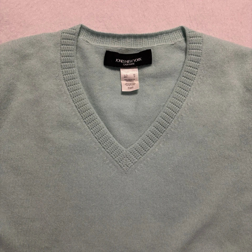 Suéter Jones New York Para Mujer M Azul 100% Cachemira Cuello en V Pullover Manga Larga Foto 4 de 4