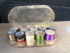 Vintage Fly Rod Winding Silk & Fly Tying Thread Lot / 14 Wooden Spools