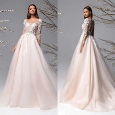 Elegant Princess Wedding Dresses V-Neck Long Sleeves Lace Appliques Bridal Gowns