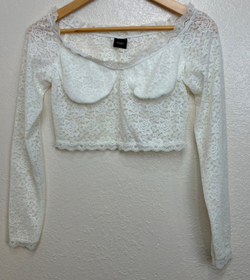 Blanc Clothing White Lace Cropped Long Sleeve Scoop Neck Top Boho Babydoll M