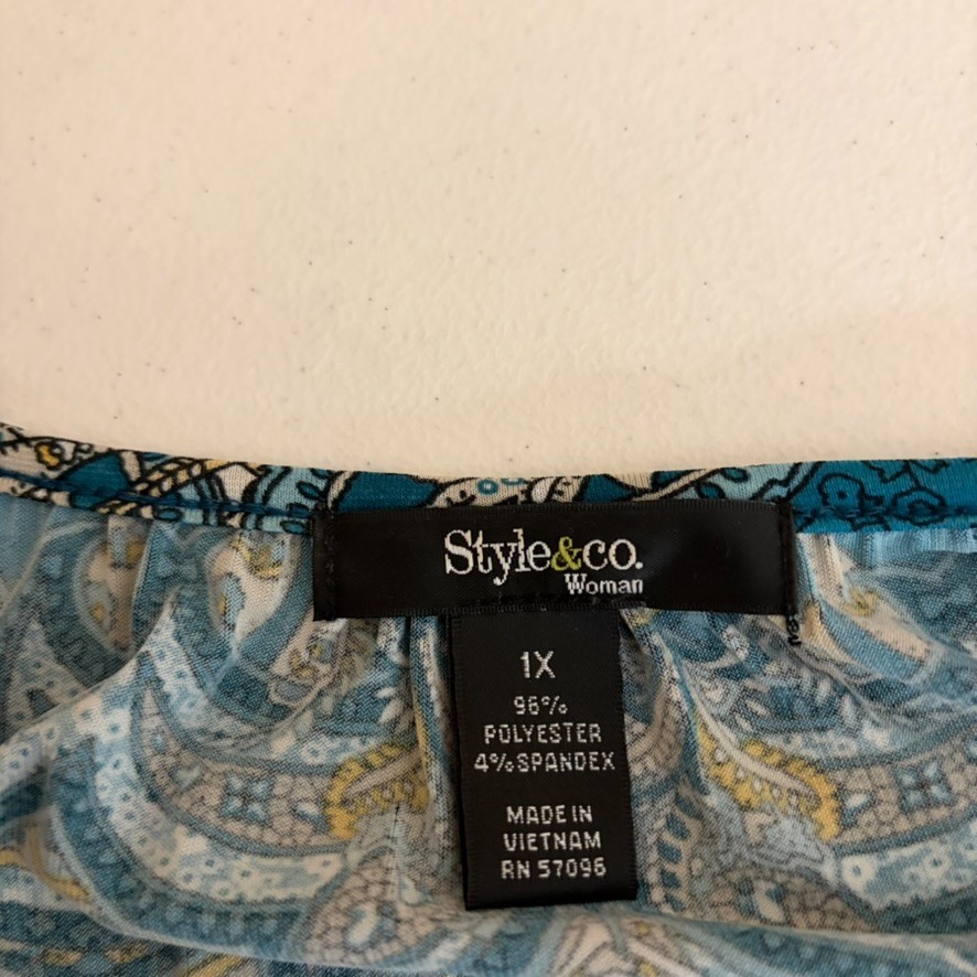 Style & Co Blouse Women's 1X Round Neck Keyhole 3/4 Sleeve Printed Tie Top