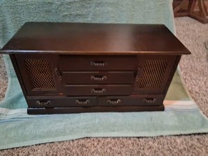 Nice Vintage HiMark Wooden Jewelry Box Lattice Doors Blue Velvet Lined Drawers