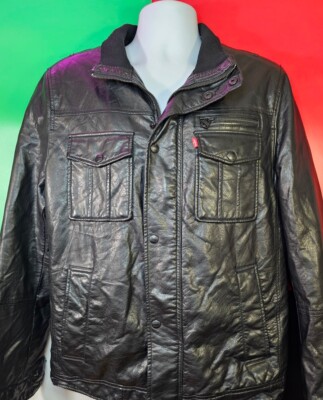 Levis Faux Leather Pleather Vegan Sherpa Lined Black Jacket Mens Size M Medium 