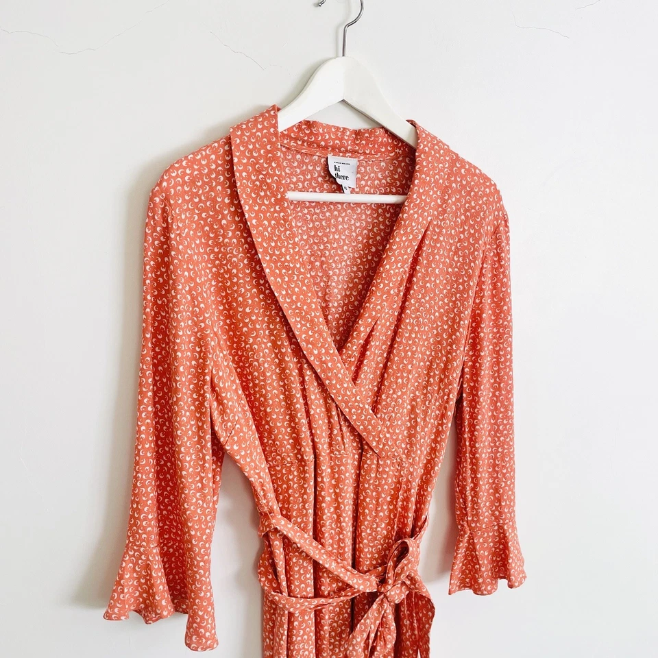 Hi There By Karen Walker Midi Wrap Dress Orange V-Neck Long Sleeves Size 12 L - image 3 of 4