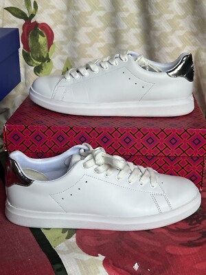 Tory Burch Howell Court Leather  Sneakers Titanium White/ Silver/US 8M