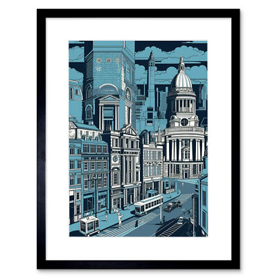 Belfast Cityscape City Centre Hall Linocut Style Framed Art Print Picture 12X16