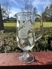 Vintage Pedestal Glass Pitcher 1.75 Quart Frosted Design Flower Butterfly 12"