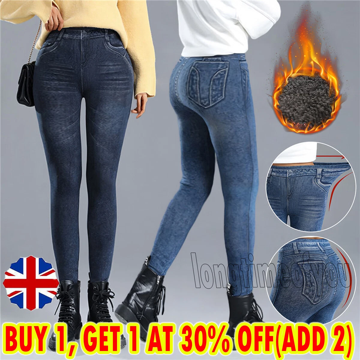 Women Winter Warm Thermal Jeans Fleece Lined Denim Stretch