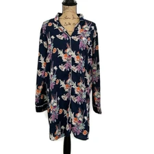 World Market Womens sz S M Sleepwear Gown Blue Floral Button Front Collar