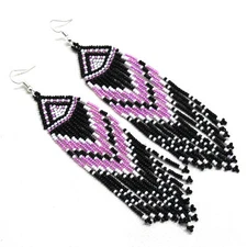 NEW NATIVE STYLE BLACK PINK BEADED HANDMADE LONG FASHION HOOK EARRINGS E60/21