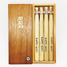 Japanese Wooden Chisel Carving Craft Handles Knife Tools 4Pc Hand Craft Wood Box