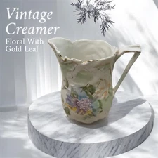Antique Creamer Pitcher Floral Pink Green Gold Trim on White Jagged Top