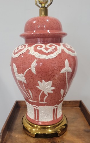 Vintage MCM Paul Hanson Ceramic Brass Floral Lotus Asian Ginger Jar Table Lamp - Picture 11 of 12