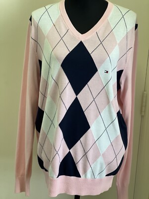 Tommy Hilfiger Sweater Men's Size LClassic Fit V-Neck Argyle Pink - Main Image