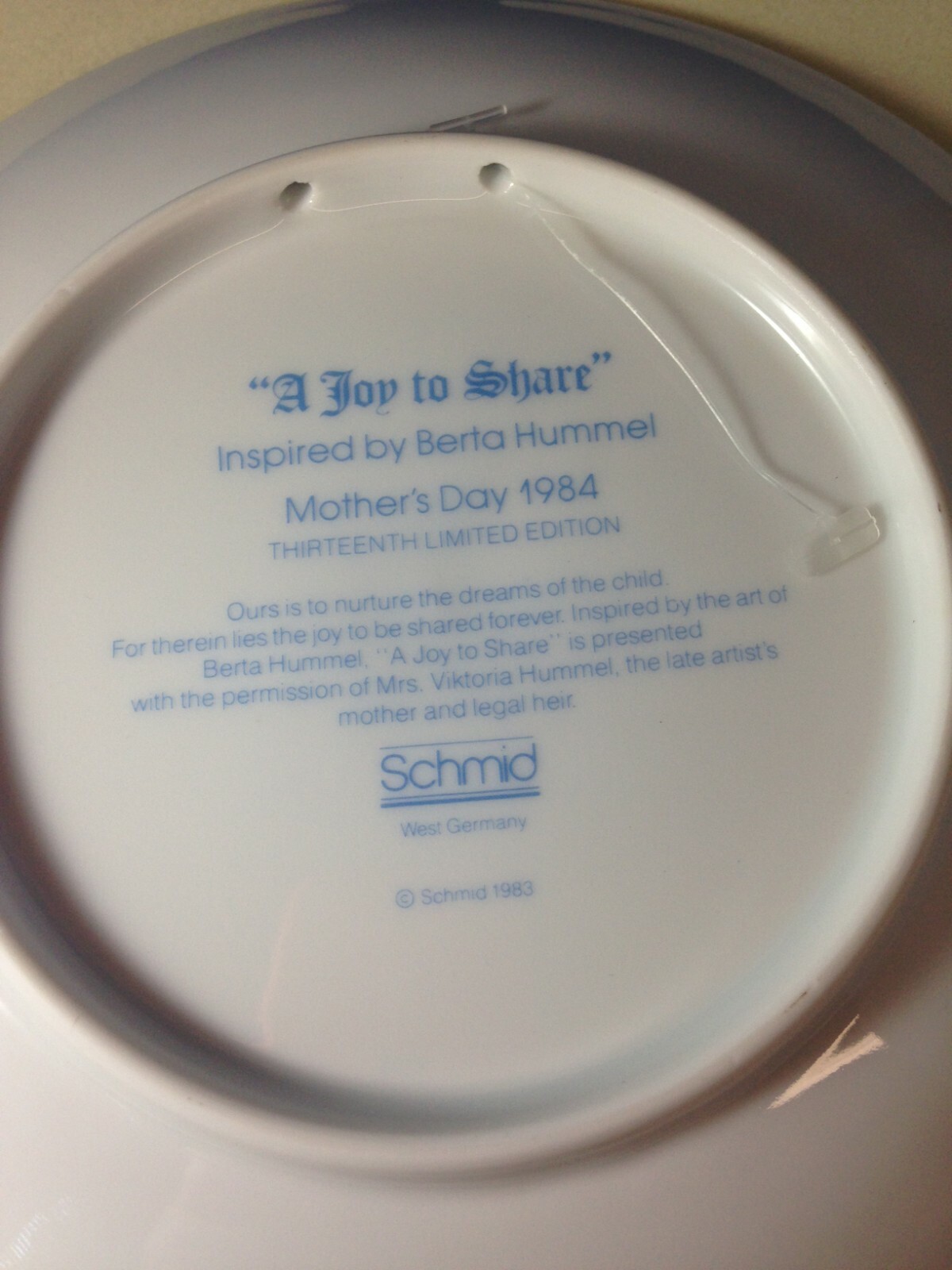 Schmid 1984 “A Joy To Share”inspired by Berta Hummel Mothers day collector plate