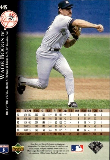 1995 Upper Deck #445 Wade Boggs - Image 2 of 2