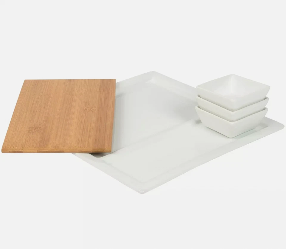 TABLETOPS UNLIMITED SERVING 5PCS SET BAMBOO TRAY PORCELAIN BOWLS BRAND NEW NIB - Image 4 of 4