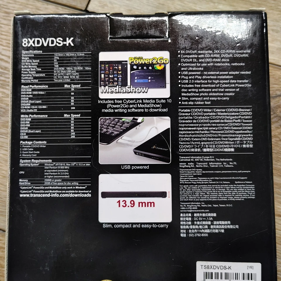 Grabadora de DVD portátil Transcend extra delgada TS8XDVDS-K negra Foto 2 de 4