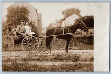 c1910's Couple Riding Horse Carriage Houses Scene RPPC Photo Antique Postcard