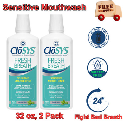 CloSYS Sensitive Mouthwash, 32 Ounce, 2 Count, Gentle Mint Alcohol Free Dye Free