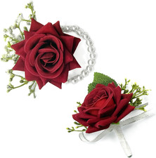Pack of 2 Red Rose Wrist Corsage and Boutonniere Set for Men Women Artificial