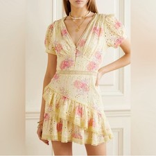 LOVESHACKFANCY Bea Mini Dress Mellow Yellow Floral Print Size US 10