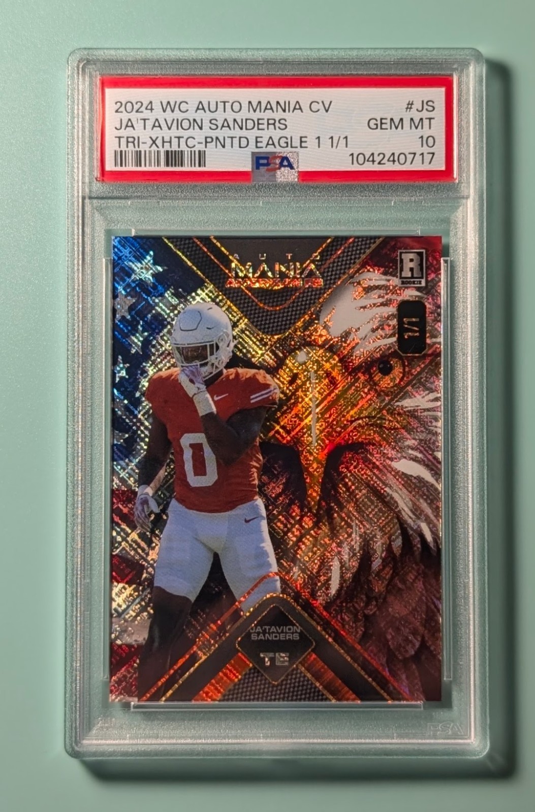 Ja'Tavion Sanders Wild Card Auto Mania American Football Hobby Autographs #JS Diamond-Crystal Holographic Foil-Eagle 1 1/1