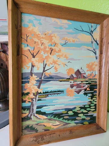 Vtg Mid Century Modern Paint By Numbers MCM Farm House Lake Framed Art Painting - Picture 1 of 6