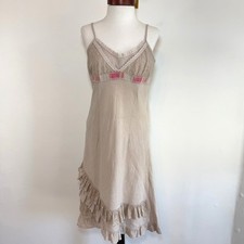 Embroidered Eyelet Midi Slip Dress Beige Pink Boho Forest Fairy Cottagecore S