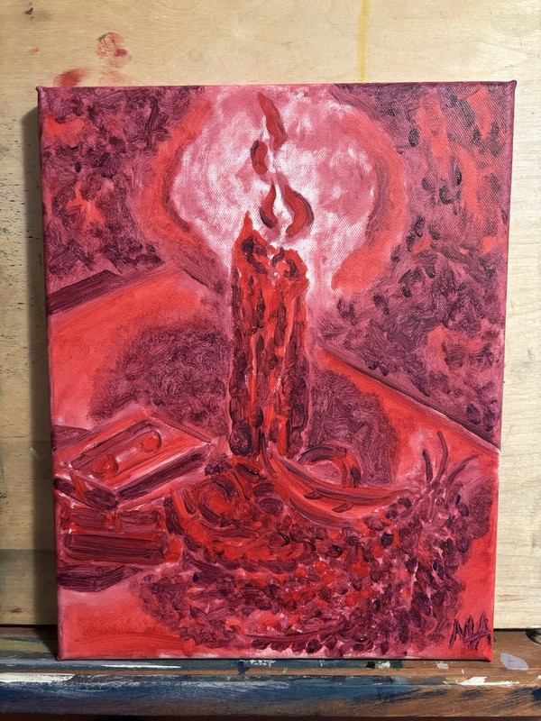 Original Oil Painting Red Candle Still Life on Canvas Signed
