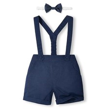 Baby Boy Suspenders Outfit Toddler Cotton Linen Shorts with 18-24 Months Navy