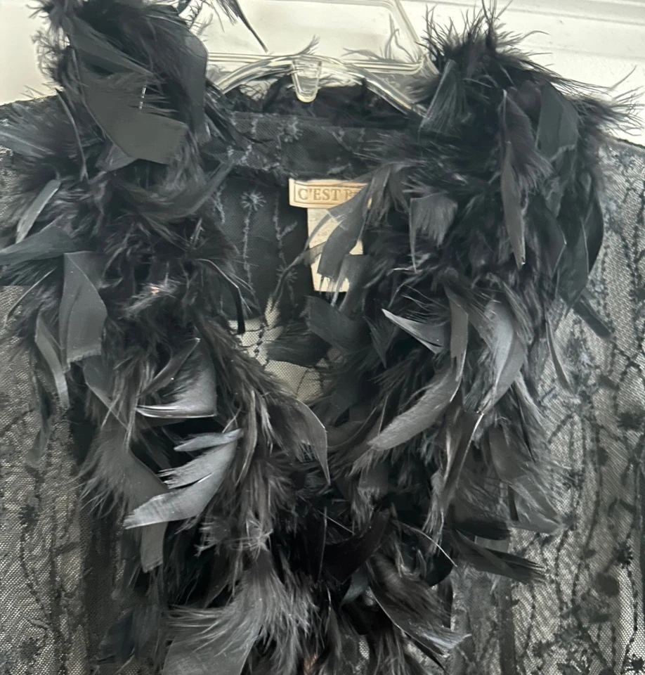 90s Y2K Black Whimsigoth Lace Feather Trim Jacket Women’s S Sheer Pinup Party - Image 2 of 4