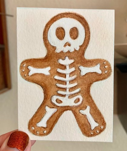 aceo original art Halloween Skeleton Gingerbread Man Watercolor 2.5 " x 3.5 "
