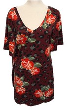 NWT LuLaRoe Iris V-Neck SS Red Rose &  Black & Gray Cheetah Print Top L (14-16)