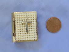 Vtg Mini Cross Top Bible Book Trinket Box Rosary Case Gold Tone Faux Pearls