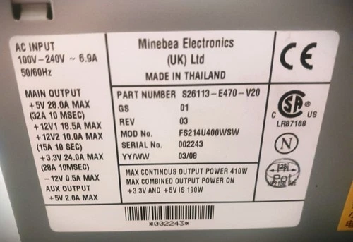 Minebea Electronics Computer Power Supply S2-6113-E470-V20 w/ Fan