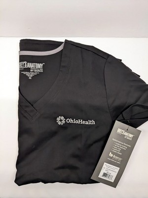 Greys Anatomy Barco Scrubs Ohio Health 2PKT V-Neck Top Womens M Black NWT