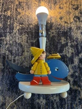 Vtg 73/74 RARE Nursery Plastics Inc Wooden Lamp blue whale, Yellow Raincoat Boy