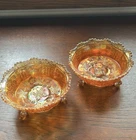 CARNIVAL GLASS Butterfly and Berry Marigold 3-Toed 5" Footed, PAIR VINTAGE