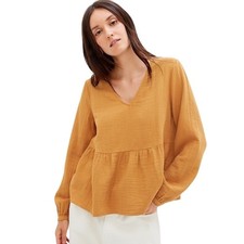 Top Gap para mujer de algodón mostaza gasa arrugada en capas peplum cuello en V XL