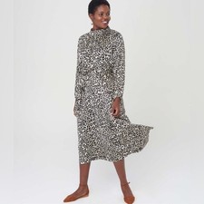 LOFT Leopard Long Sleeve Belted Flowy Silky Midi Dress