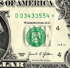 2021 D star note One dollar Bill D03433554* 500K Sheet Note Run 2 of 3