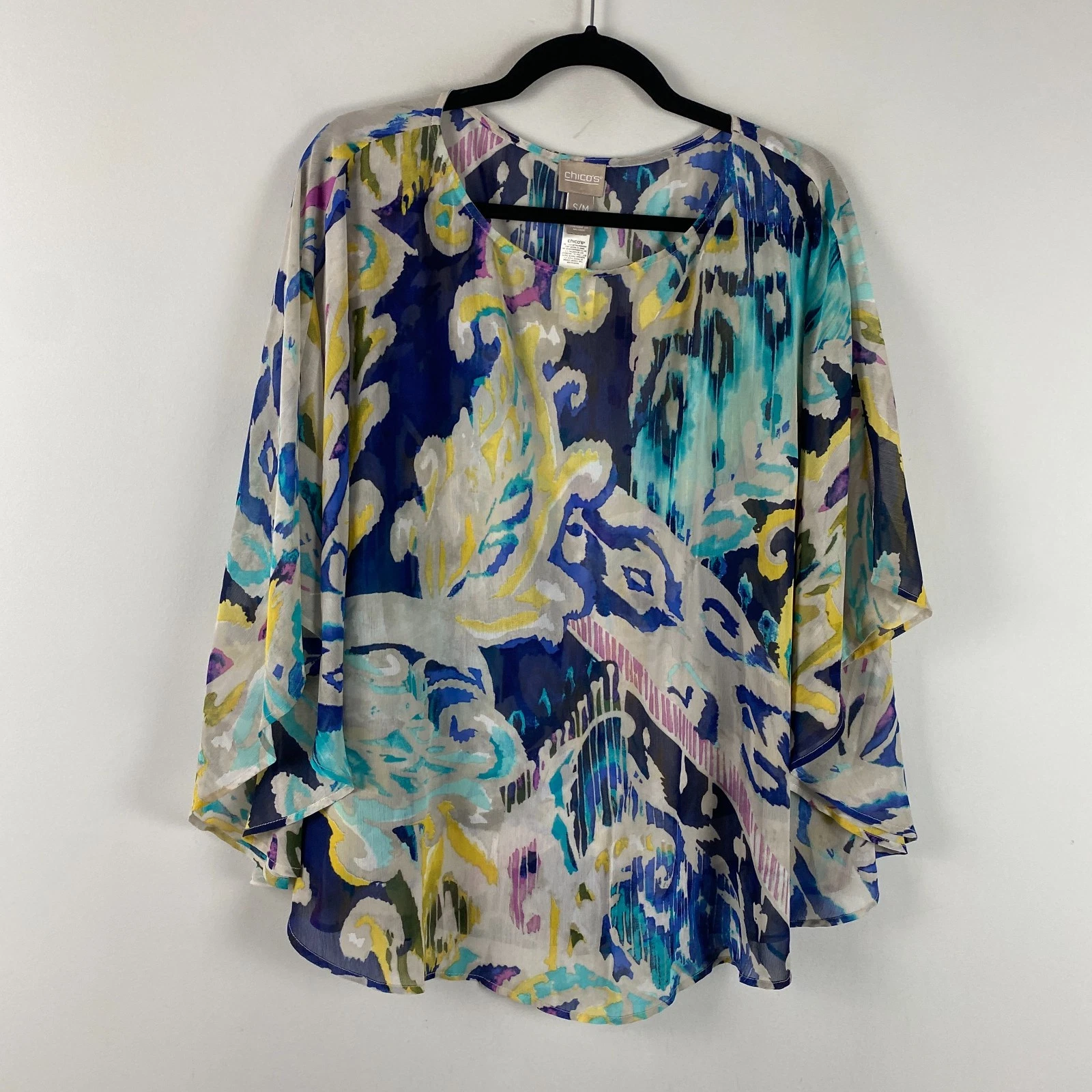Chicos Poncho Blouse Size S/M Sheer Multicolor Abstract Paisley